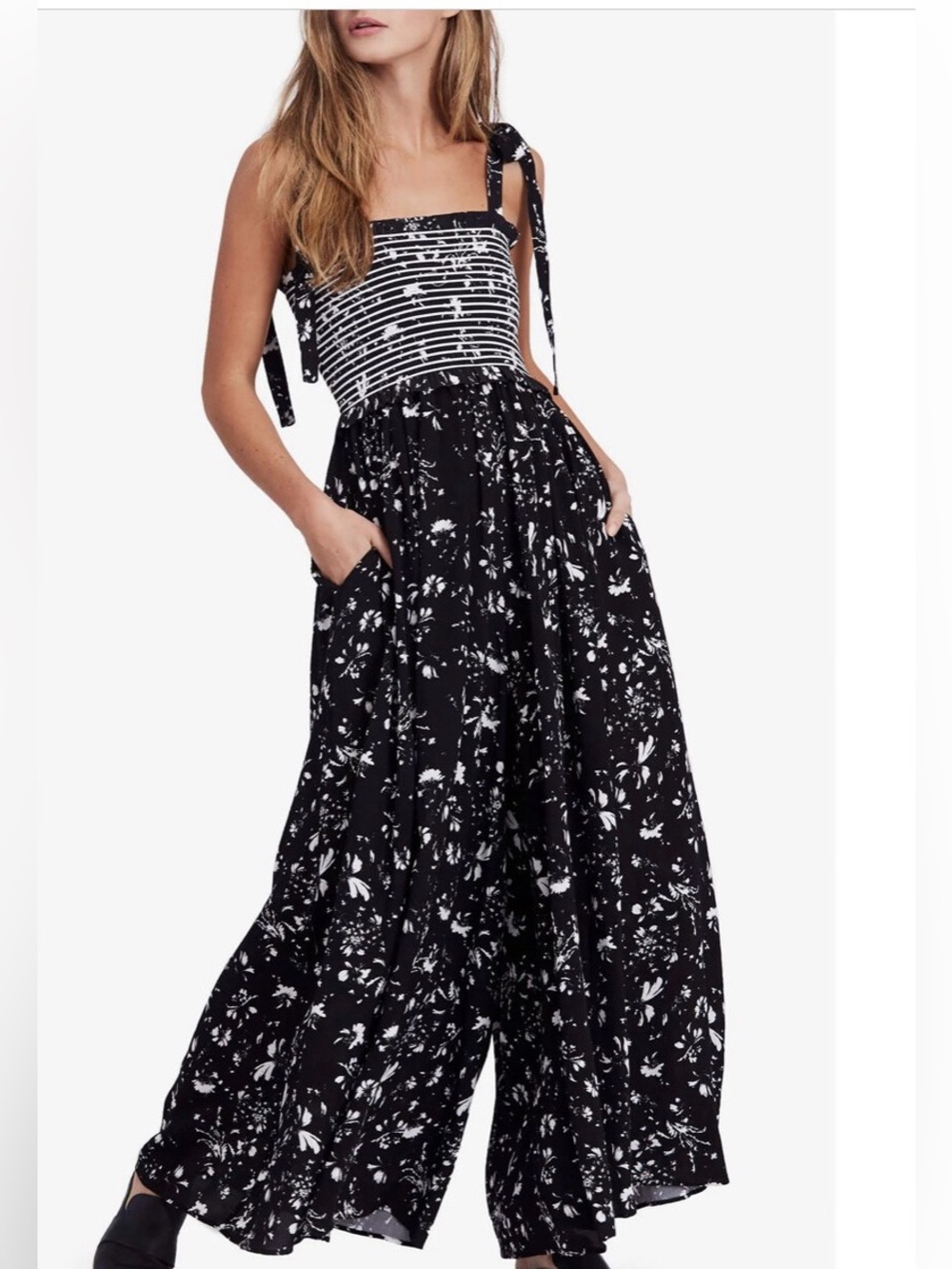 Free People Black & White Floral Wide-Leg Tie-Shoulder Jumpsuit
